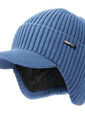 Unisex Blue Lined Knit Beanie With Brim Ear Flaps Winter Classic Stocking Cap